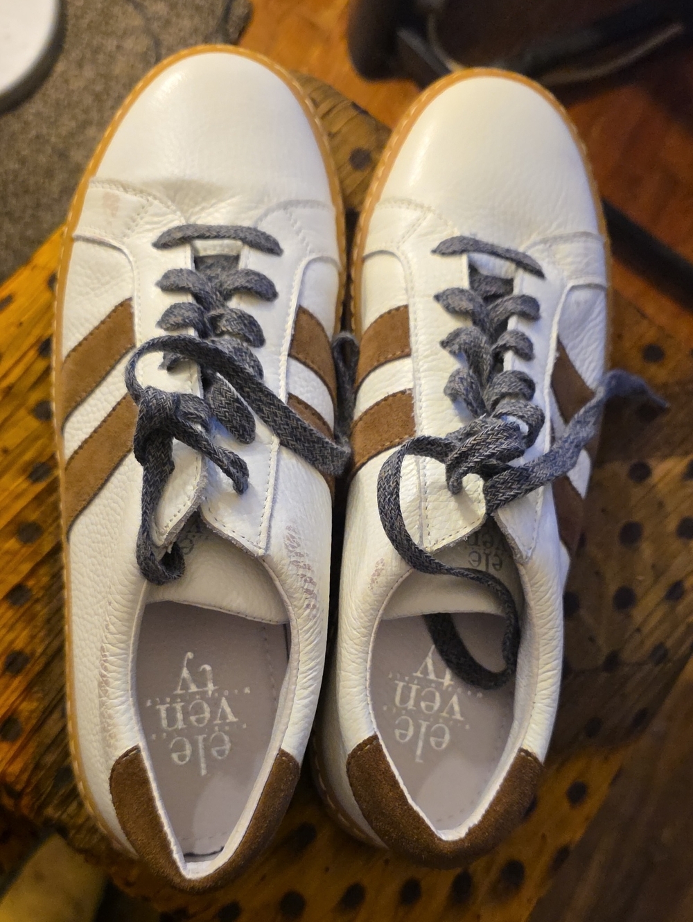 Eleventy White Leather Sneakers with Brown Suede Stripes and Gray Laces